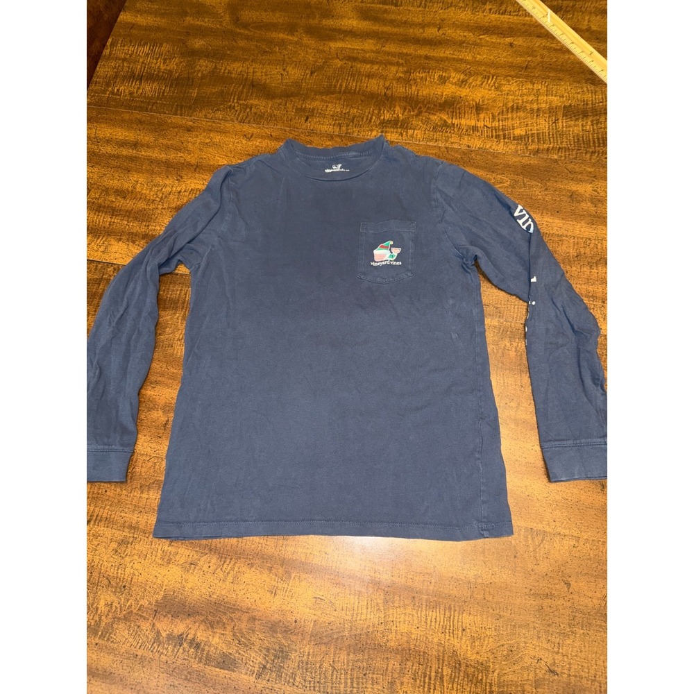 Vineyard Vines L 16 Navy Merry Christmas Long Sleeve Pocket T Shirt Holiday